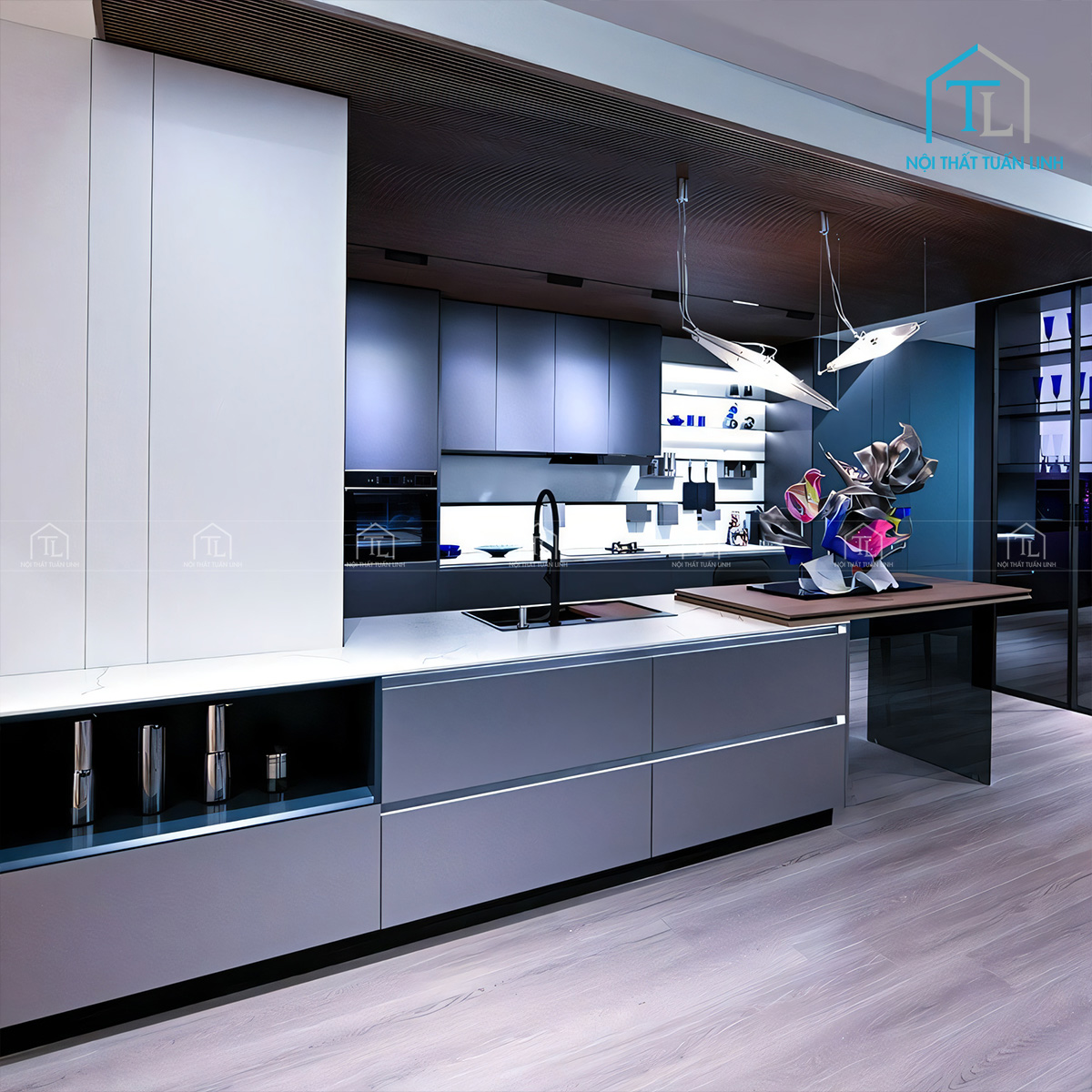 Tủ bếp Acrylic màu trắng bóng gương thiết kế hiện đại