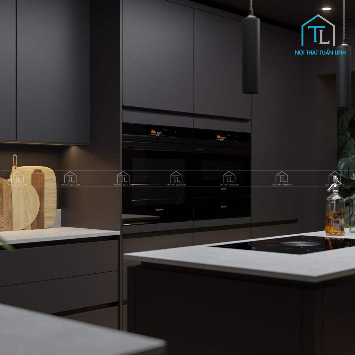 Tủ bếp MDF màu đen cao cấp phong cách hiện đại