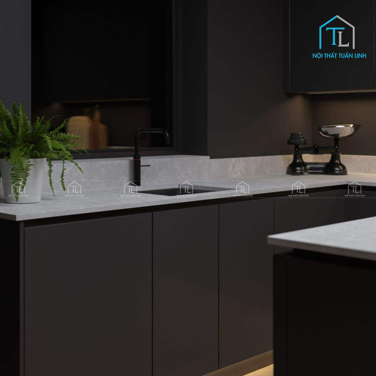 Tủ bếp MDF màu đen cao cấp phong cách hiện đại
