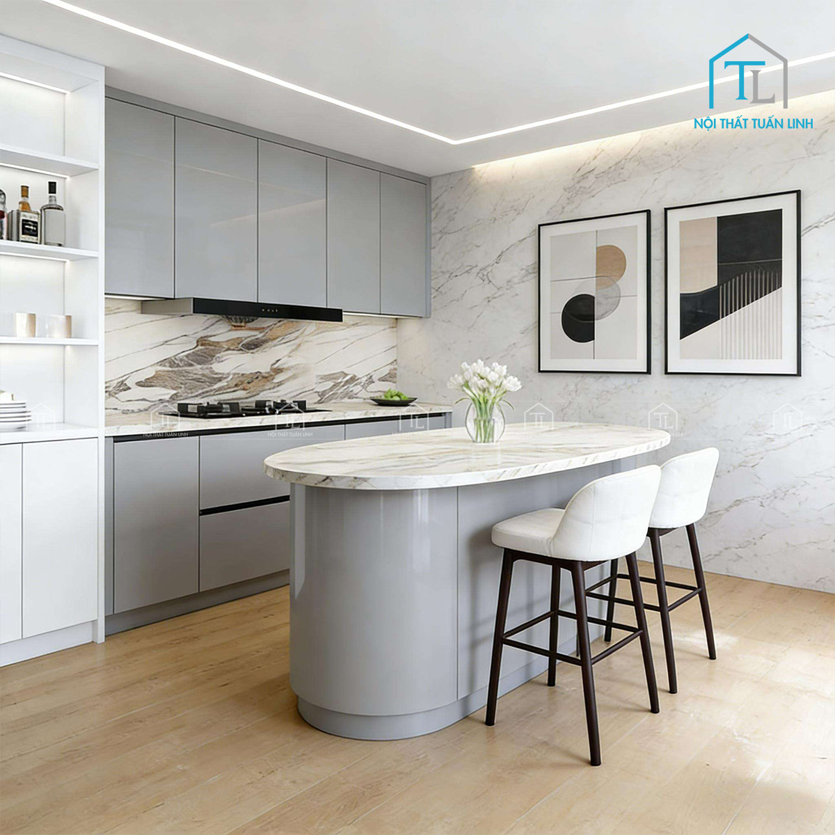 Tủ bếp trên gỗ công nghiệp MDF thiết kế hiện đại