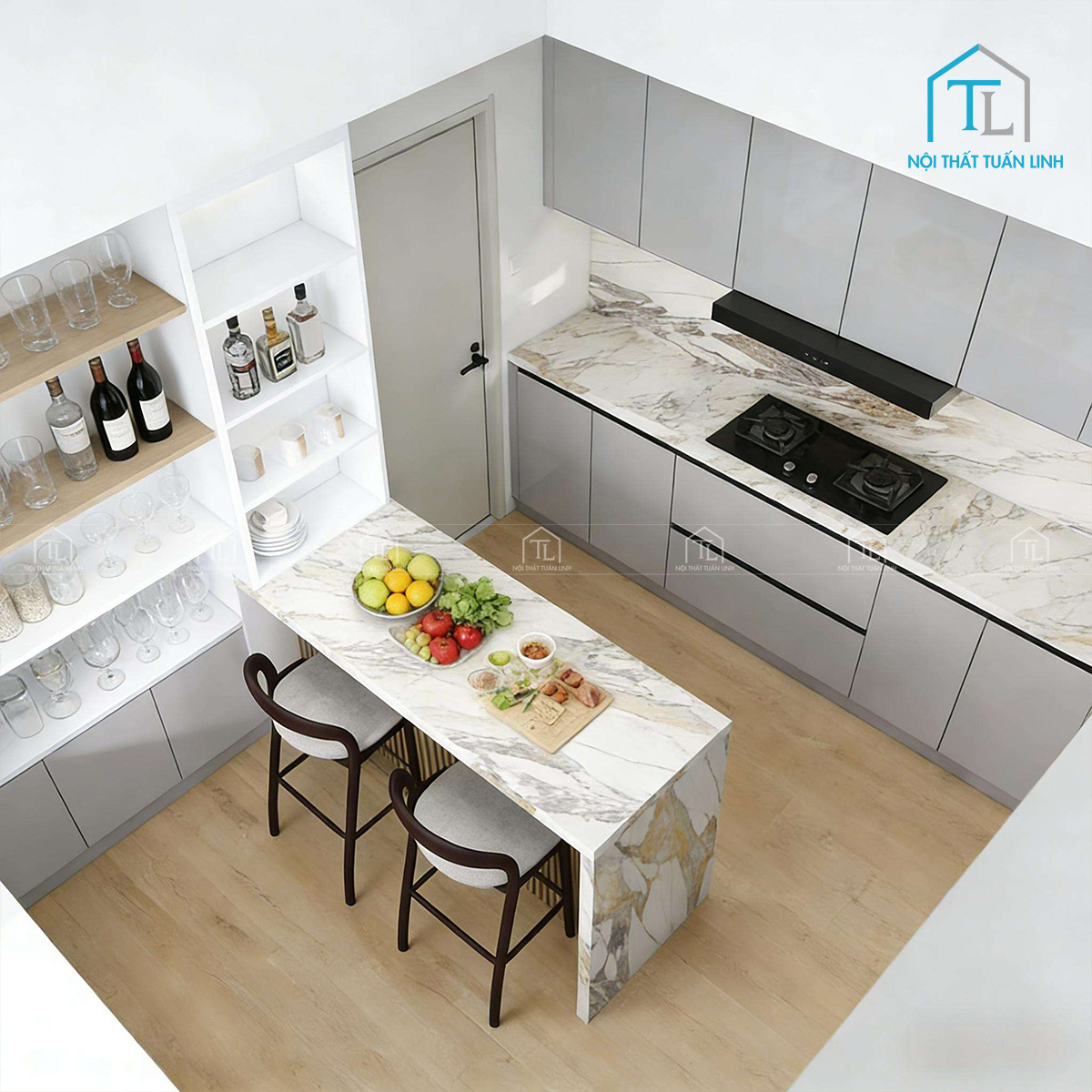 Tủ bếp trên gỗ công nghiệp MDF thiết kế hiện đại