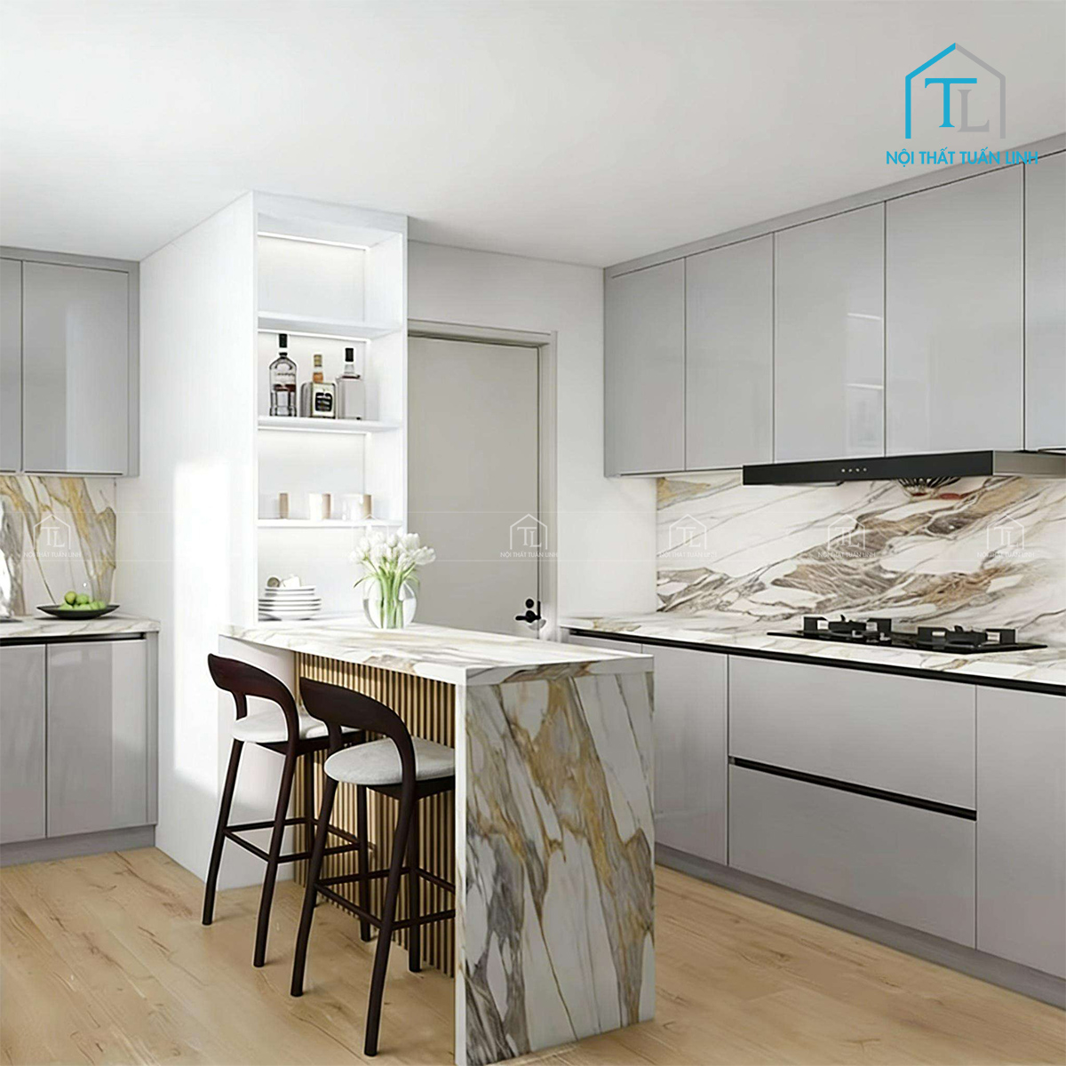 Tủ bếp trên gỗ công nghiệp MDF thiết kế hiện đại