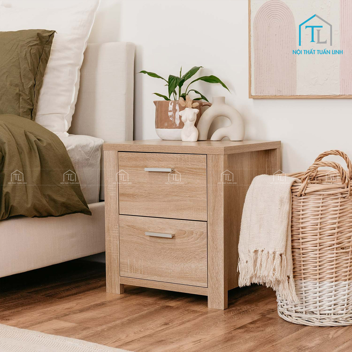 Tủ đầu giường MDF 2 ngăn kéo tay nắm kim loại phong cách hiện đại