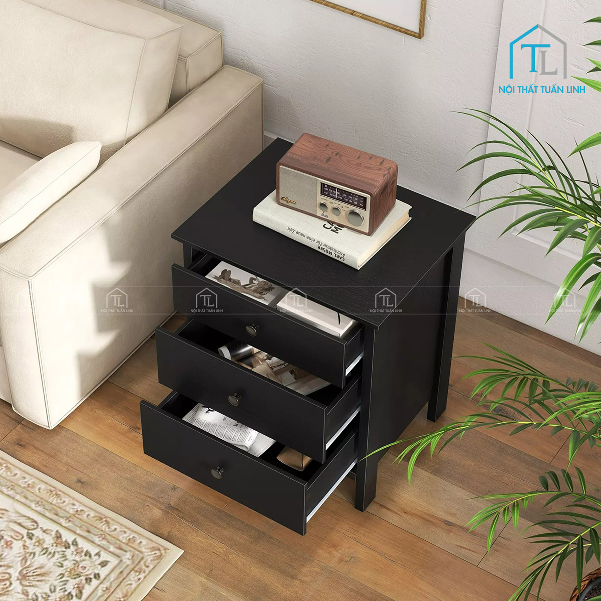 Tủ đầu giường MDF 3 ngăn kéo màu đen thiết kế hiện đại