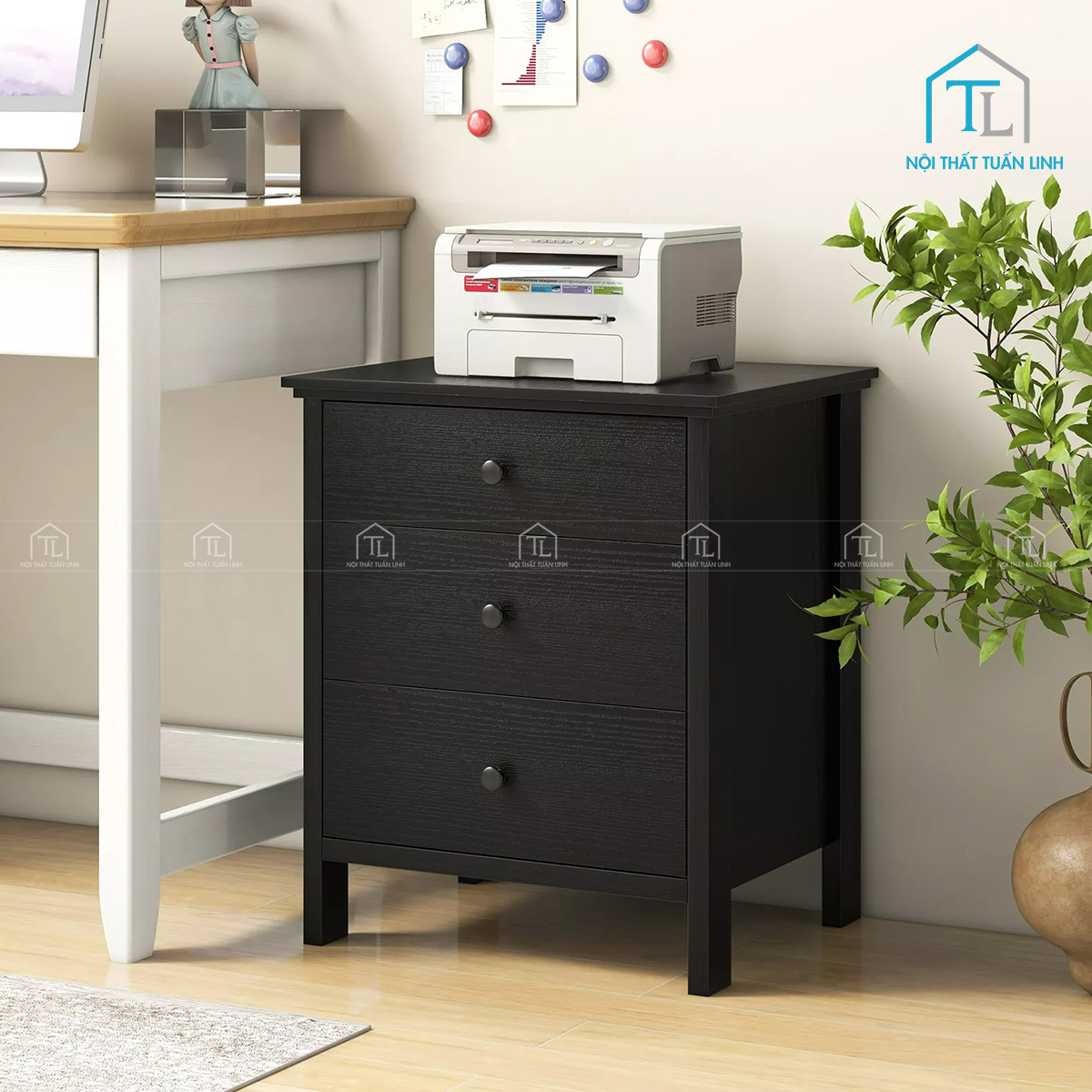 Tủ đầu giường MDF 3 ngăn kéo màu đen thiết kế hiện đại