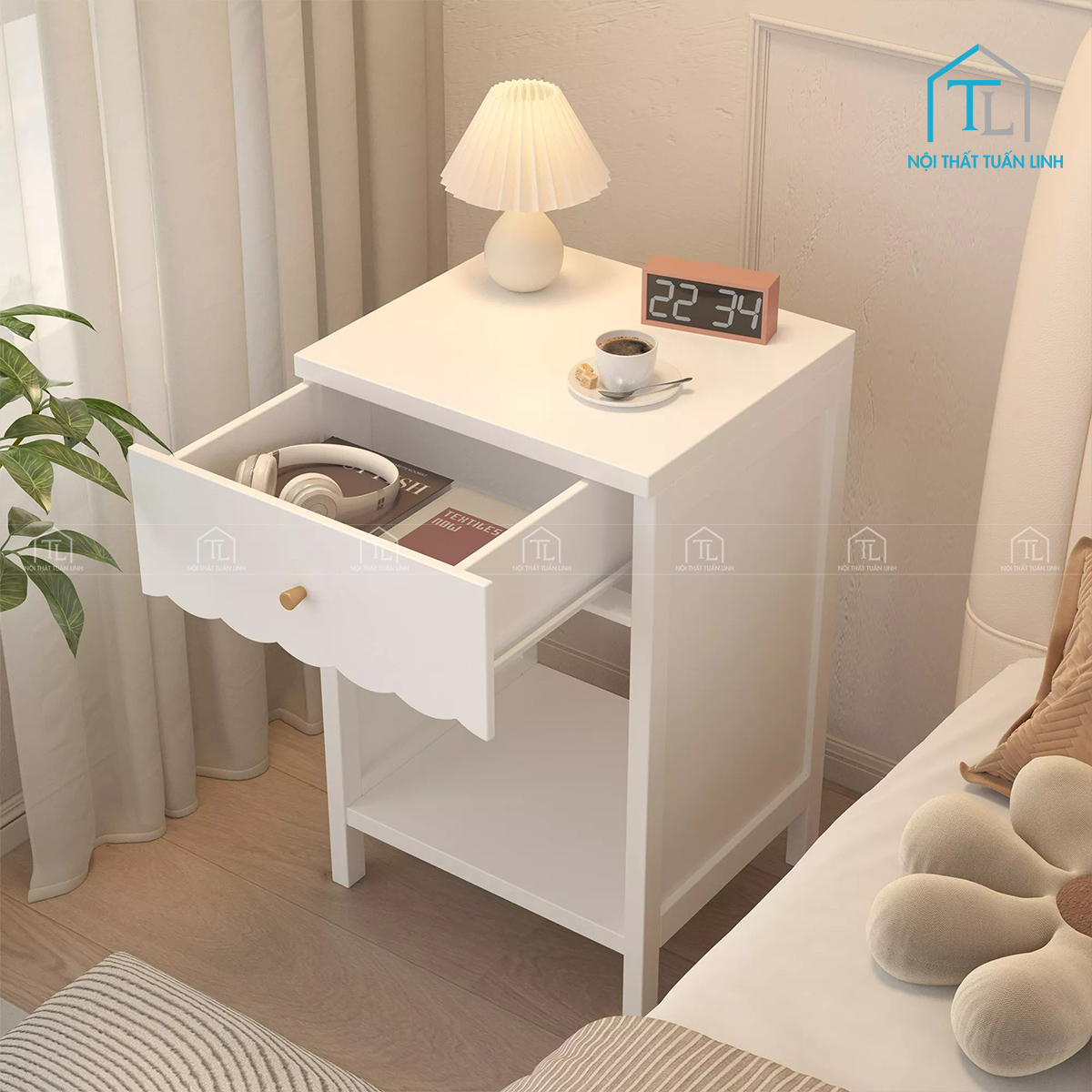 Tủ đầu giường MDF trắng bo viền uốn lượn hiện đại có ngăn kéo và kệ mở