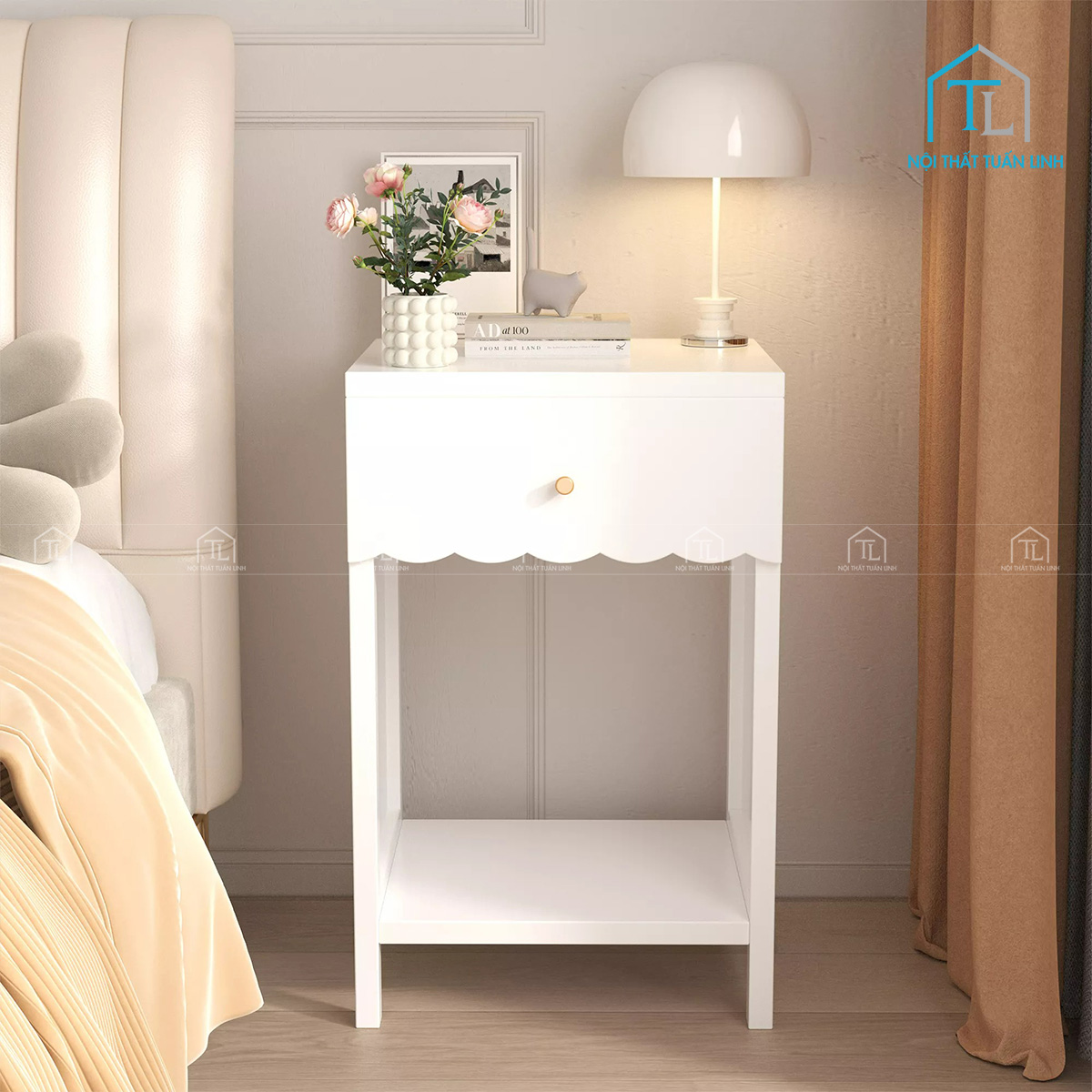 Tủ đầu giường MDF trắng bo viền uốn lượn hiện đại có ngăn kéo và kệ mở