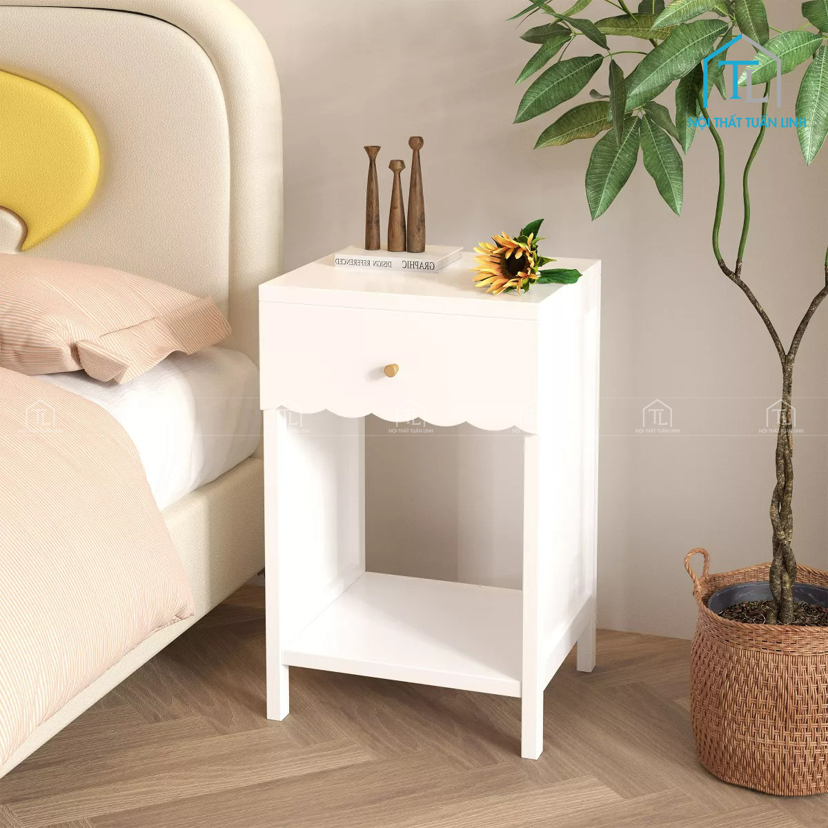 Tủ đầu giường MDF trắng bo viền uốn lượn hiện đại có ngăn kéo và kệ mở