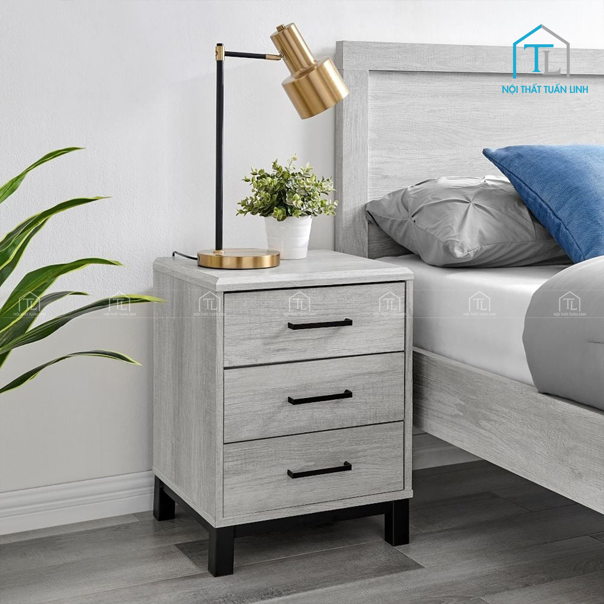 Tủ đầu giường MDF vân gỗ sồi màu xám 3 ngăn kéo phong cách hiện đại