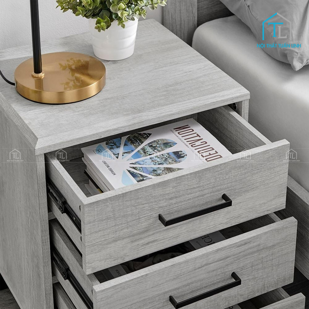 Tủ đầu giường MDF vân gỗ sồi màu xám 3 ngăn kéo phong cách hiện đại
