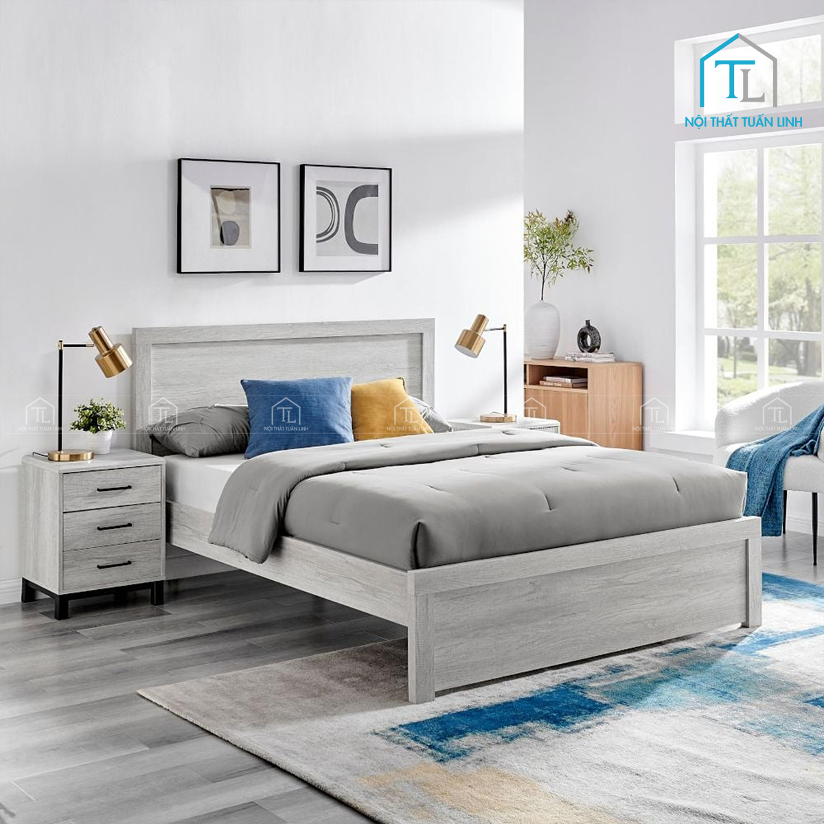 Tủ đầu giường MDF vân gỗ sồi màu xám 3 ngăn kéo phong cách hiện đại