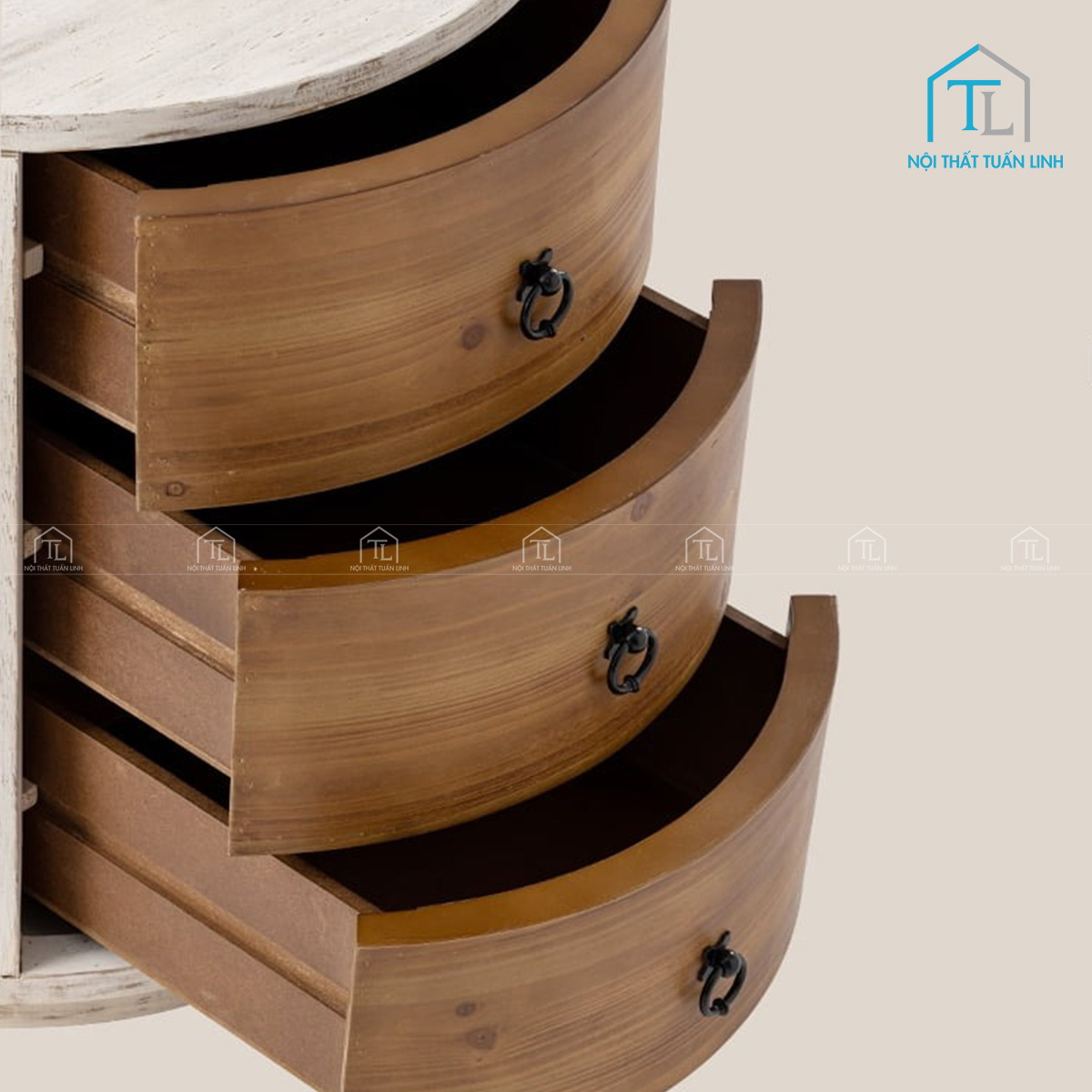 Tủ đầu giường tròn MDF màu trắng phối vân gỗ 3 ngăn kéo
