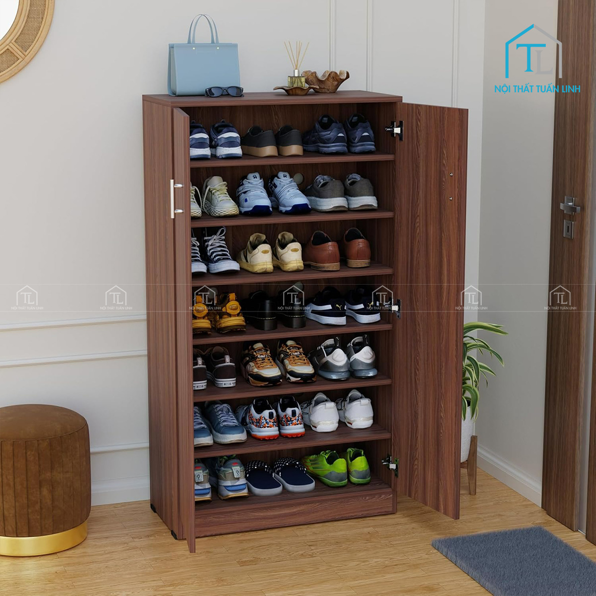 Tủ giày dép gỗ công nghiệp 7 tầng màu óc chó hiện đại