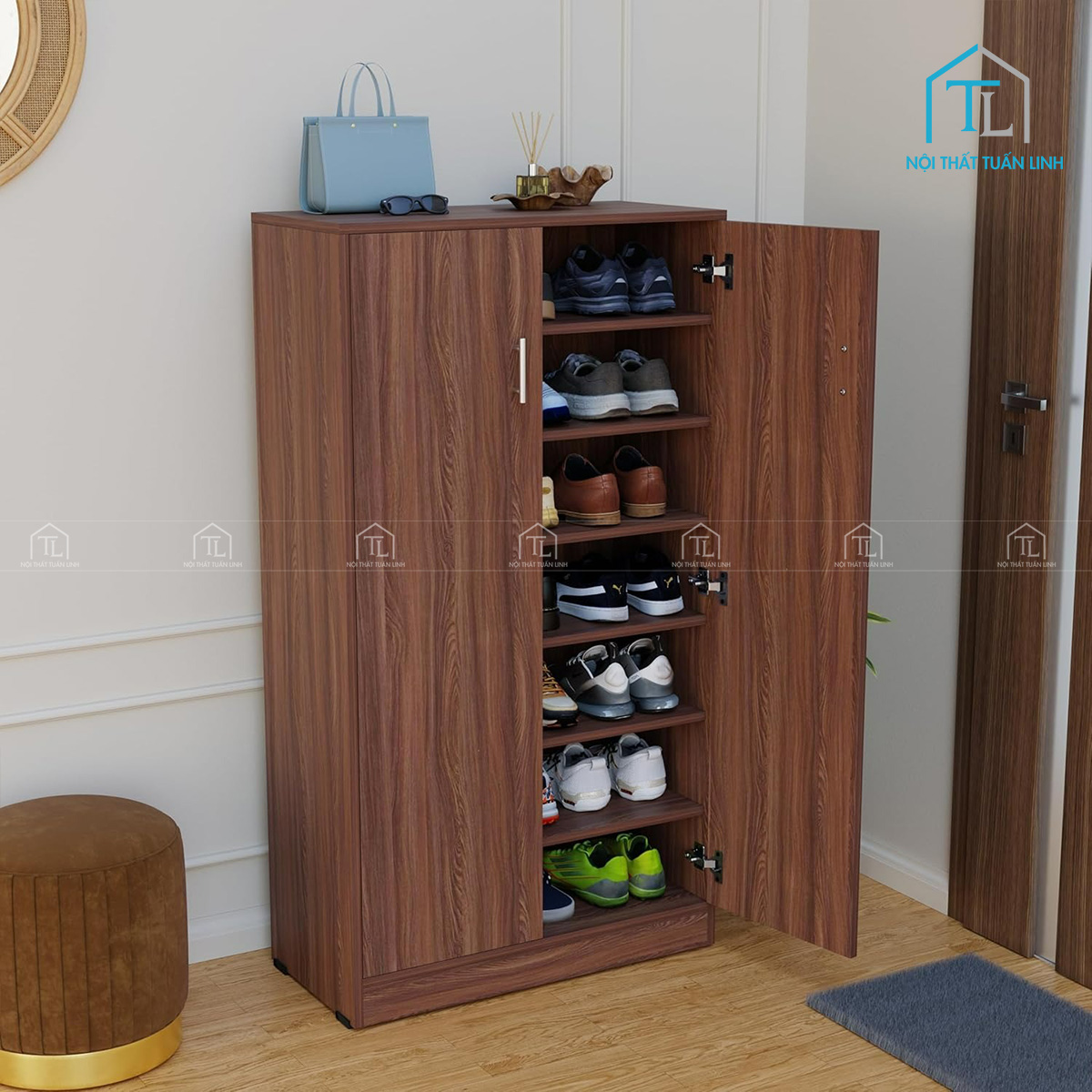 Tủ giày dép gỗ công nghiệp 7 tầng màu óc chó hiện đại