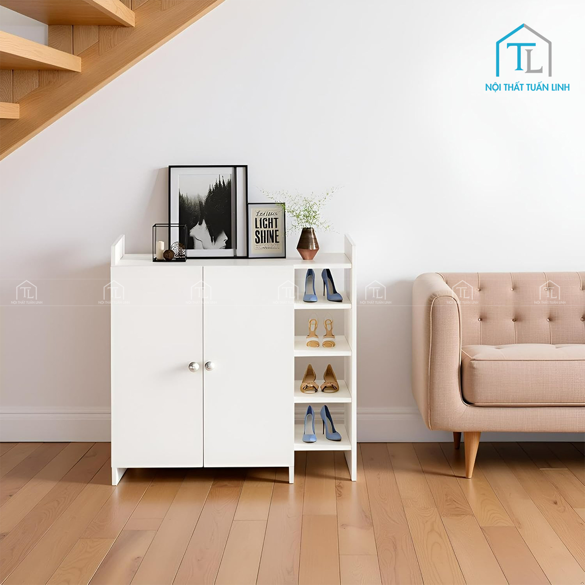 Tủ giày dép gỗ công nghiệp gam màu trắng thiết kế hiện đại