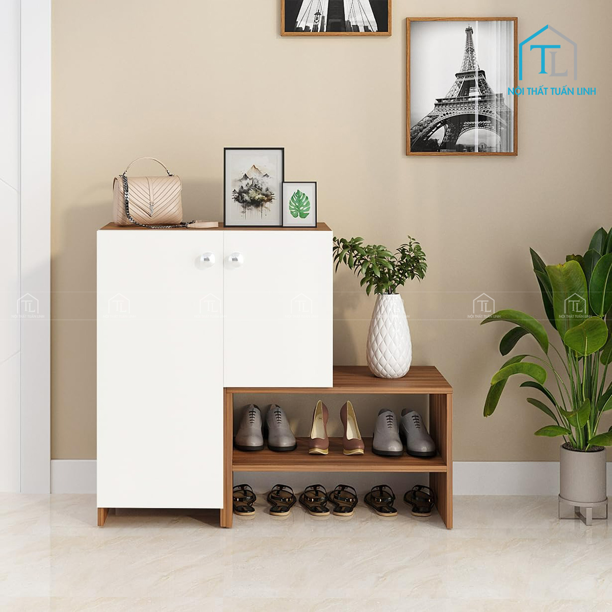 Tủ giày dép gỗ công nghiệp phối màu vân gỗ và trắng hiện đại