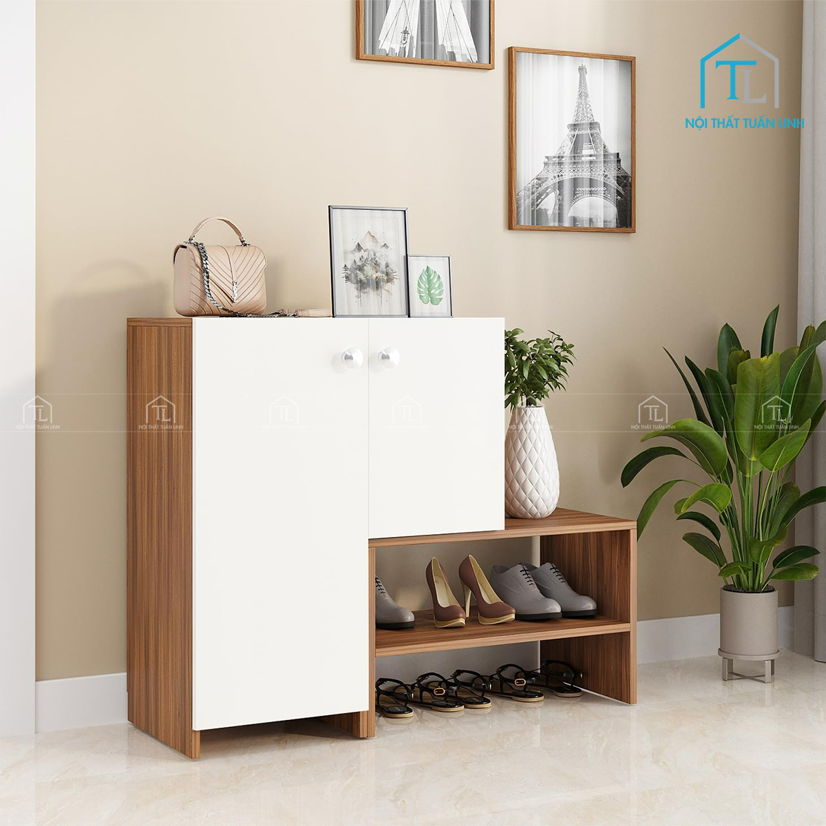 Tủ giày dép gỗ công nghiệp phối màu vân gỗ và trắng hiện đại