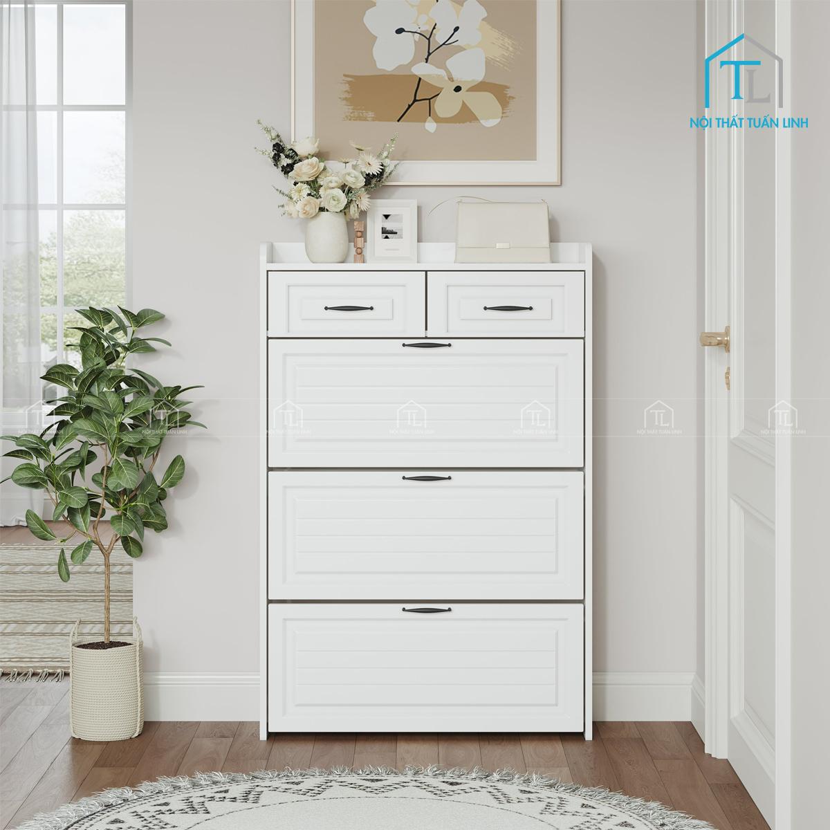 Tủ giày gỗ mdf màu trắng 3 cánh lật, 2 ngăn kéo | Lưu trữ gọn gàng, sang trọng