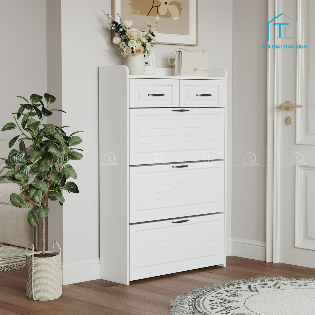 Tủ giày gỗ mdf màu trắng 3 cánh lật, 2 ngăn kéo | Lưu trữ gọn gàng, sang trọng