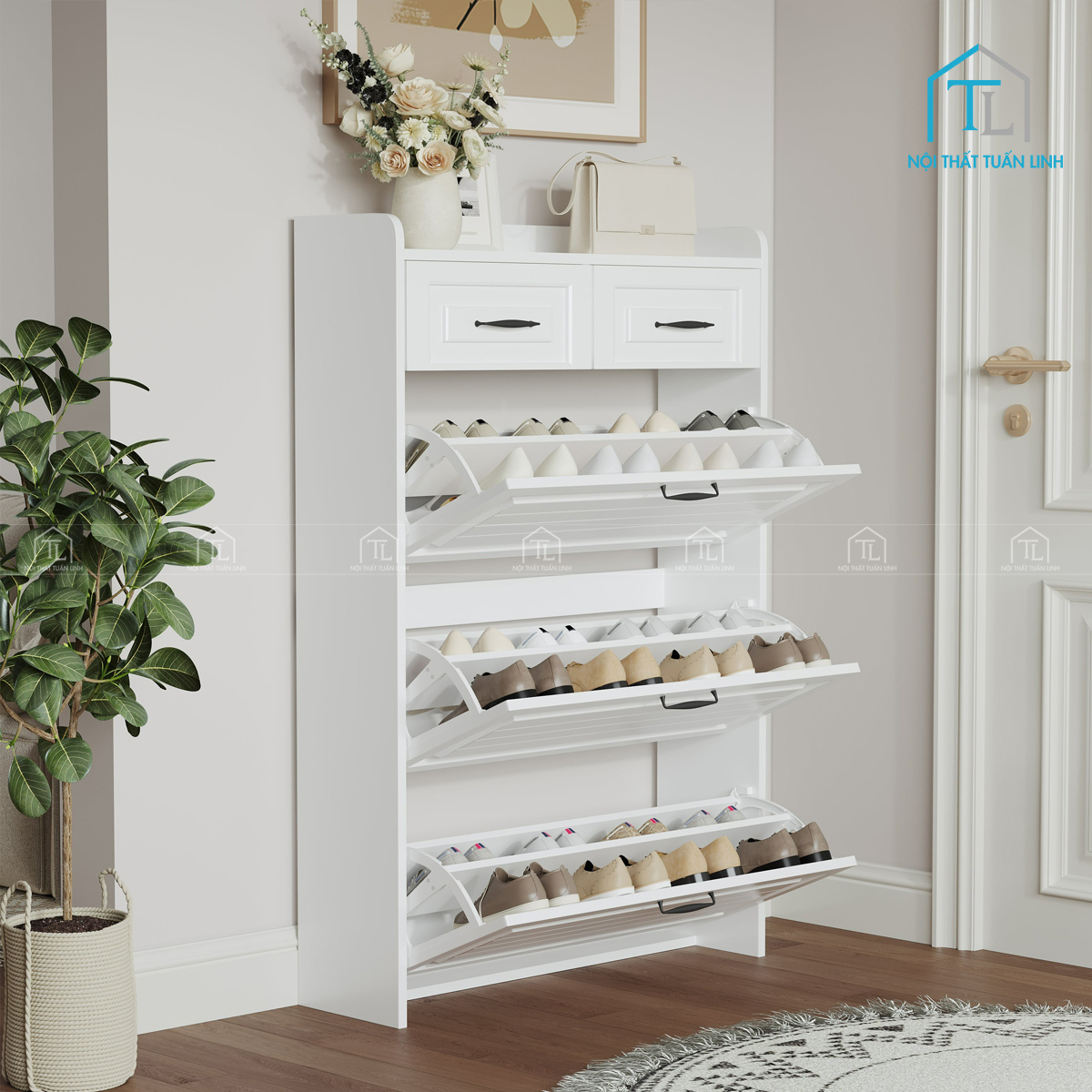 Tủ giày gỗ mdf màu trắng 3 cánh lật, 2 ngăn kéo | Lưu trữ gọn gàng, sang trọng