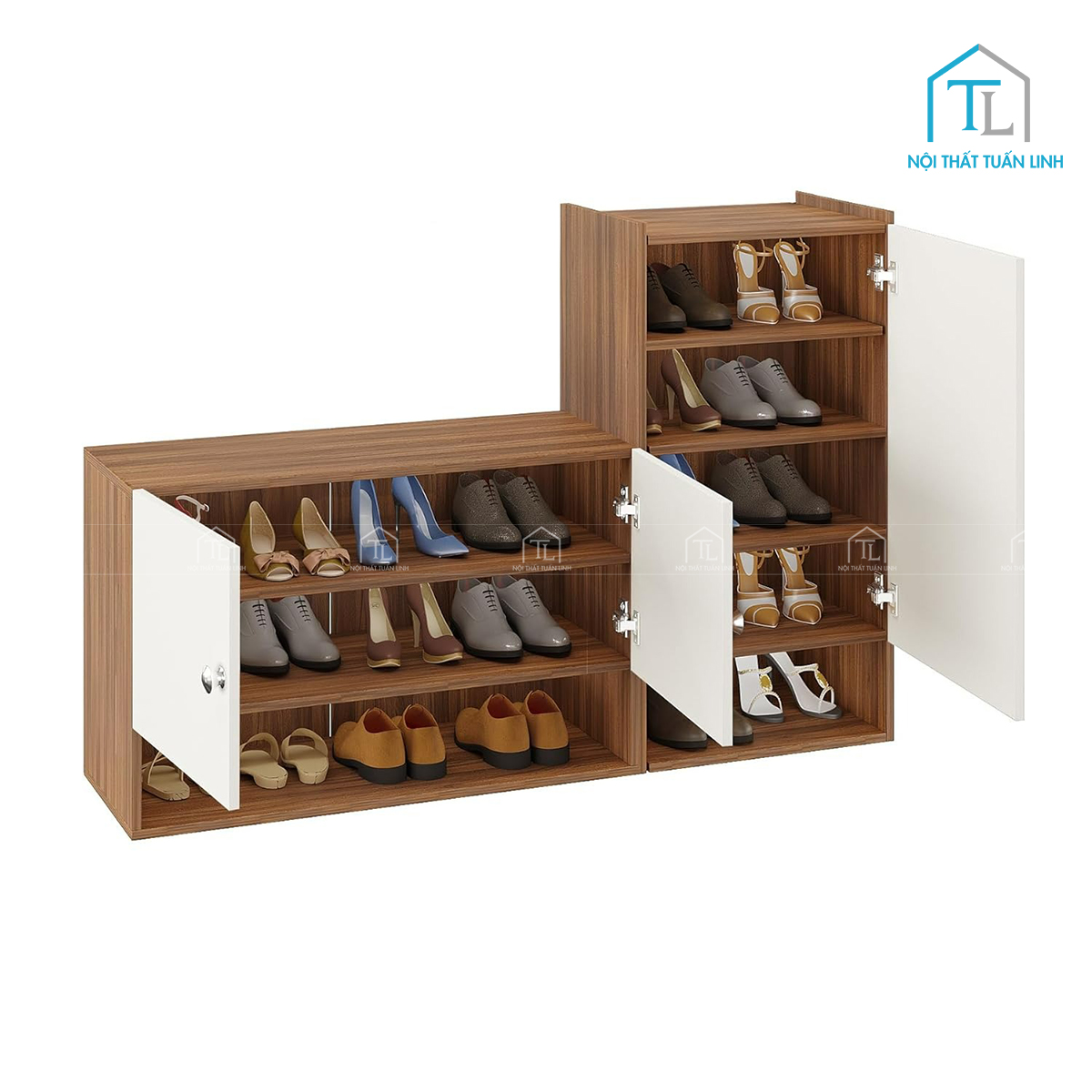 Tủ giày gỗ công nghiệp 8 tầng màu trắng phối vân gỗ teak