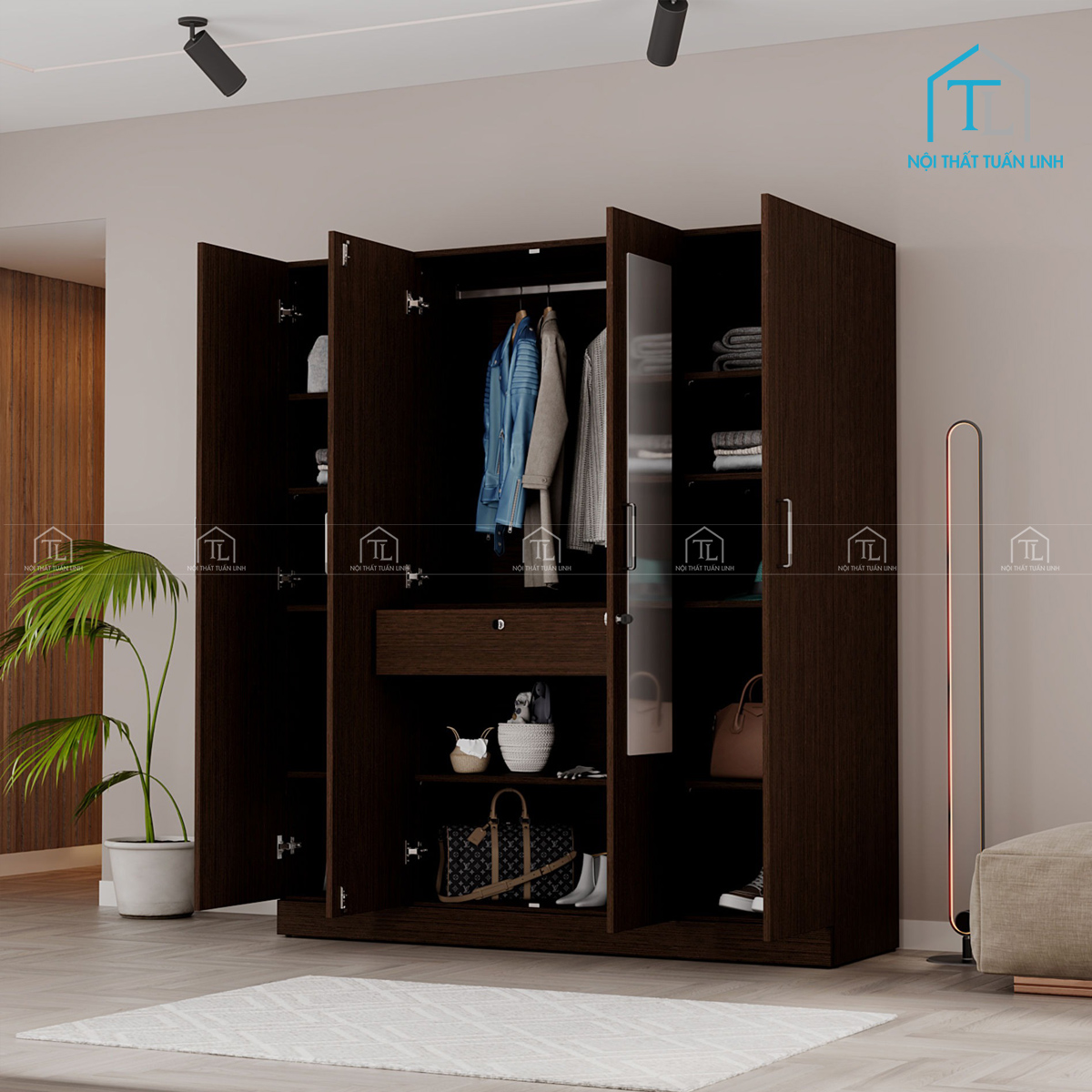 Tủ quần áo 4 cánh gỗ công nghiệp màu wenge có gương và ngăn kéo tiện lợi