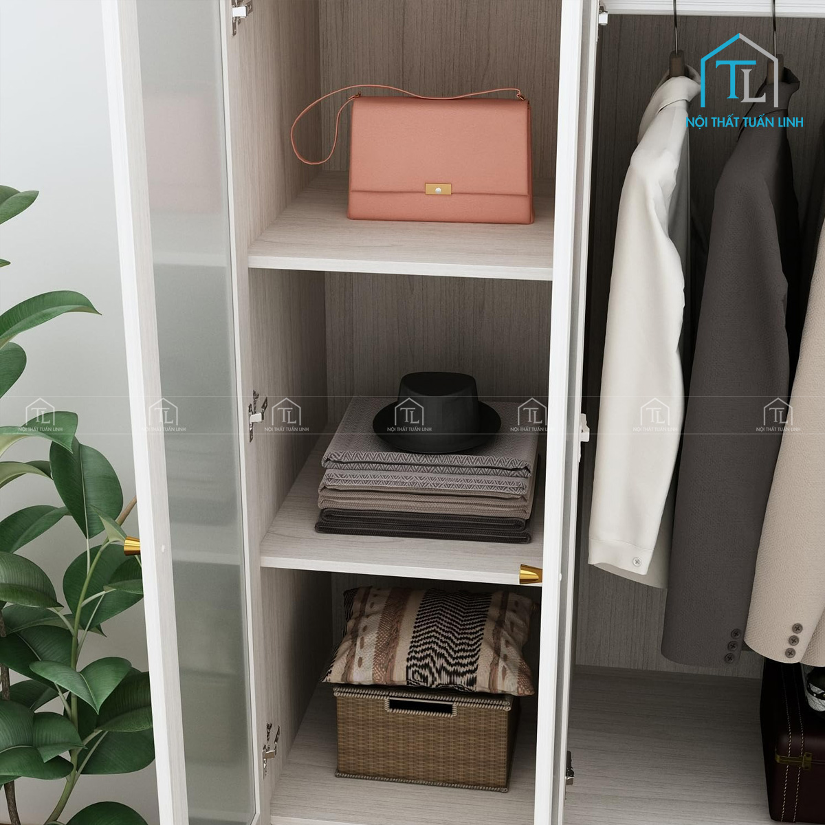 Tủ quần áo 4 cánh gỗ MDF cửa kính mờ thiết kế hiện đại, có ngăn kéo tiện lợi