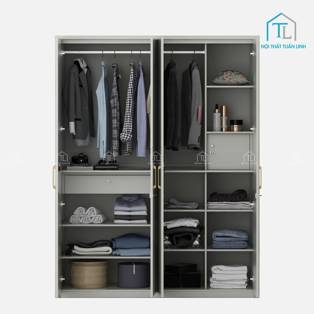 Tủ quần áo 4 cánh gỗ MDF kèm hộc kéo và tủ khóa hiện đại