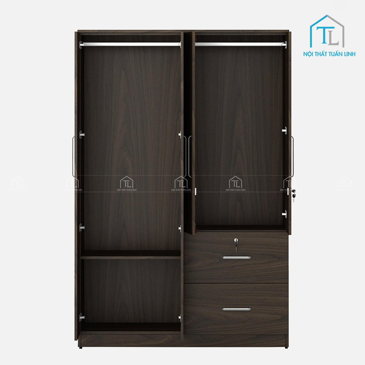 Tủ quần áo 4 cánh gỗ MDF màu óc chó có ngăn kéo