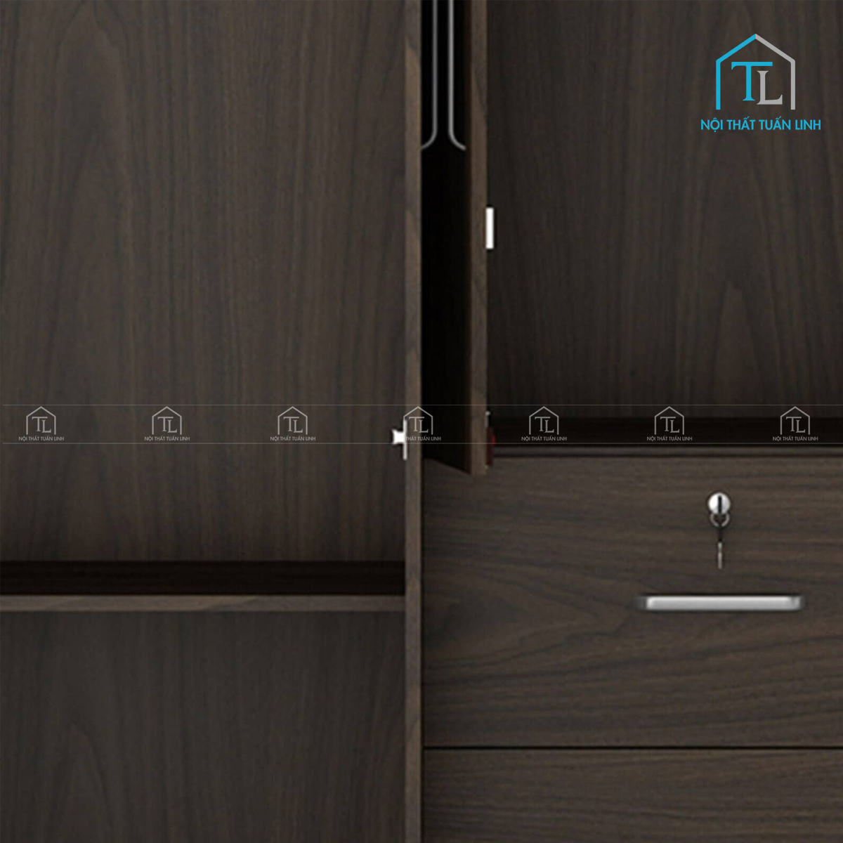 Tủ quần áo 4 cánh gỗ MDF màu óc chó có ngăn kéo