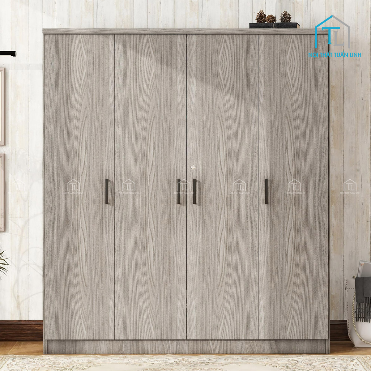 Tủ quần áo 4 cánh gỗ MDF màu xám vân gỗ, thiết kế hiện đại có ngăn kéo