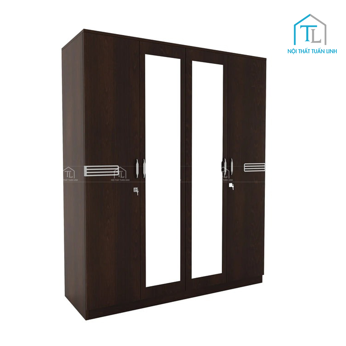 Tủ quần áo 4 cánh gỗ MDF phủ melamine màu wenge có gương soi