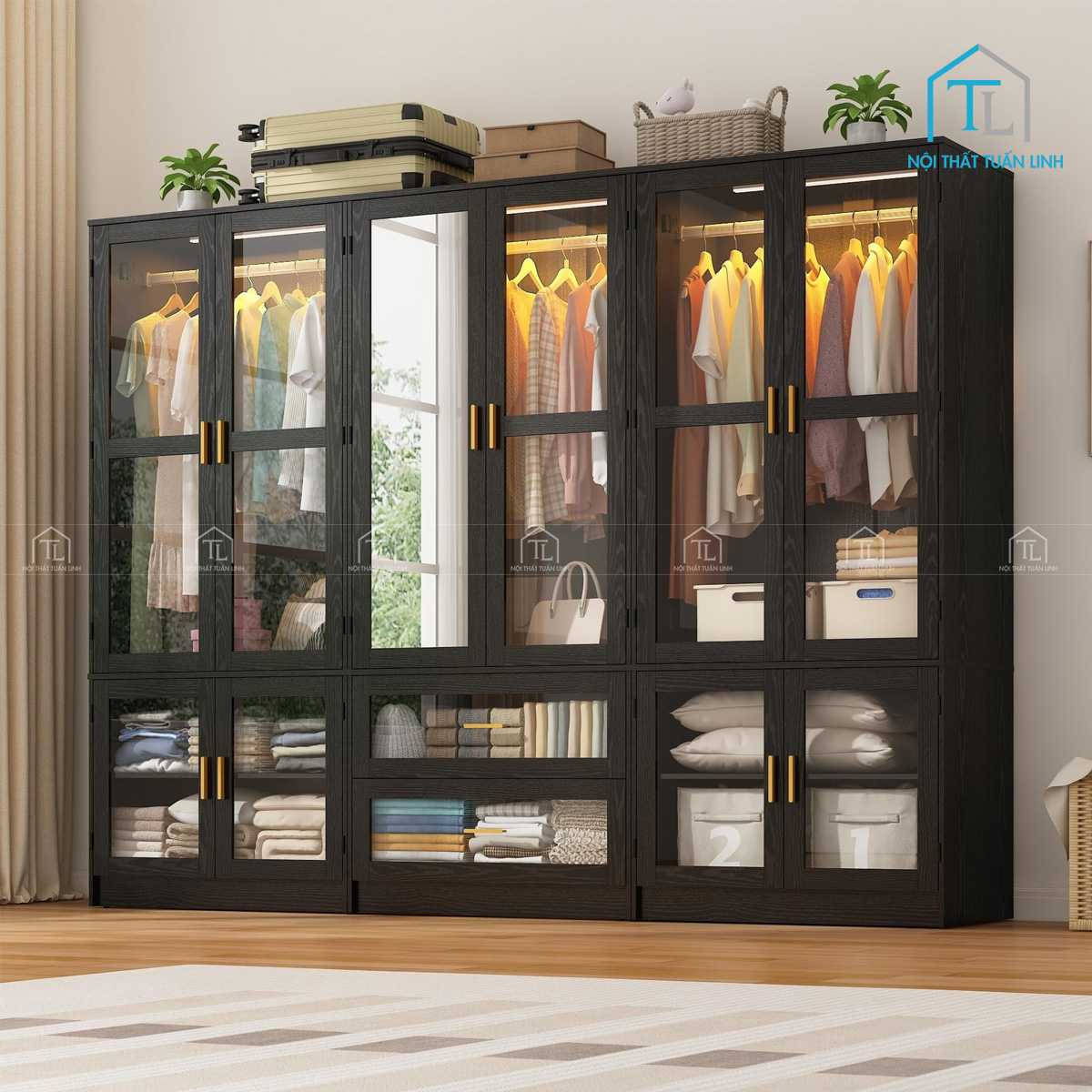 Tủ quần áo 6 cánh kính gỗ MDF có đèn LED và ngăn kéo thiết kế hiện đại