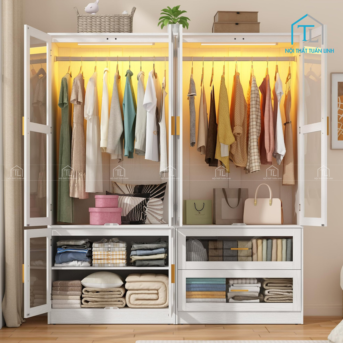 Tủ quần áo cánh kính 4 cánh tích hợp đèn LED