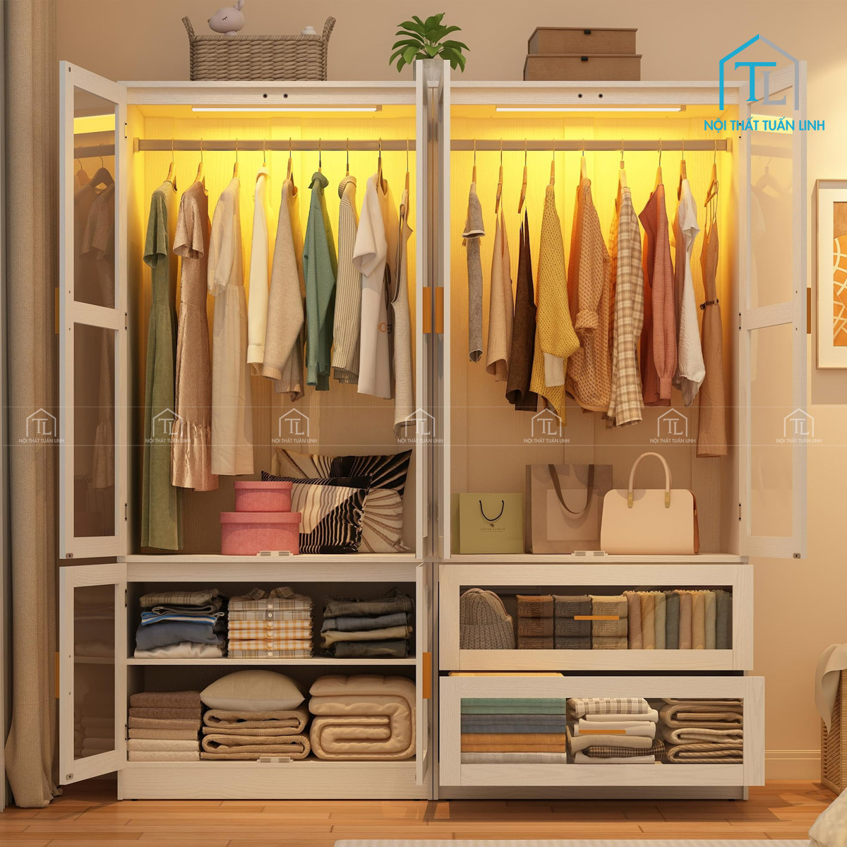Tủ quần áo cánh kính 4 cánh tích hợp đèn LED