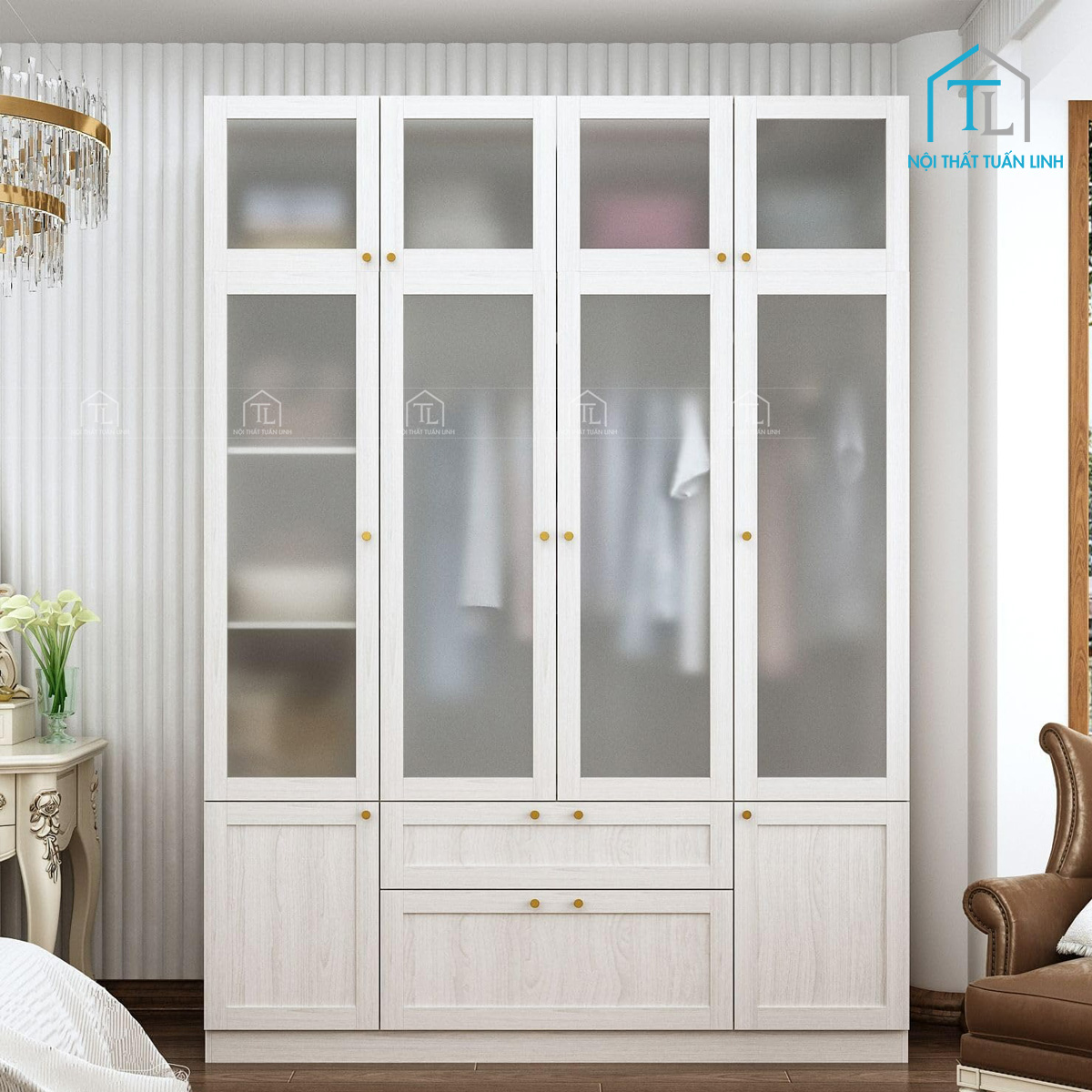 Tủ quần áo cánh kính 4 cánh màu trắng gỗ MDF vân gỗ hiện đại giá tốt