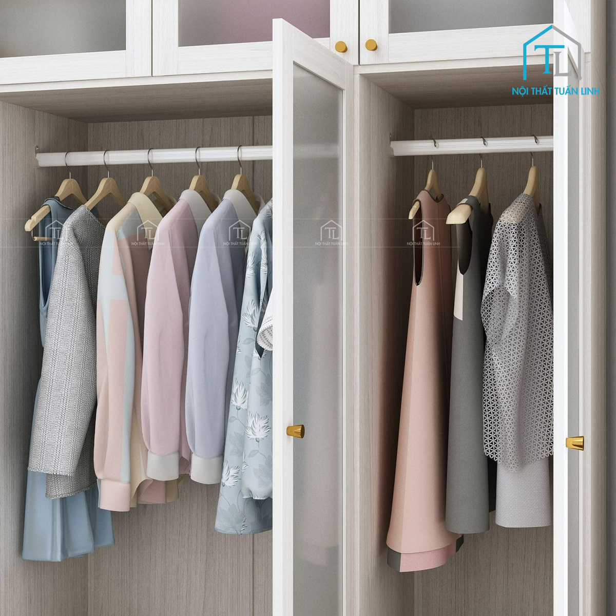 Tủ quần áo cánh kính 4 cánh màu trắng gỗ MDF vân gỗ hiện đại giá tốt