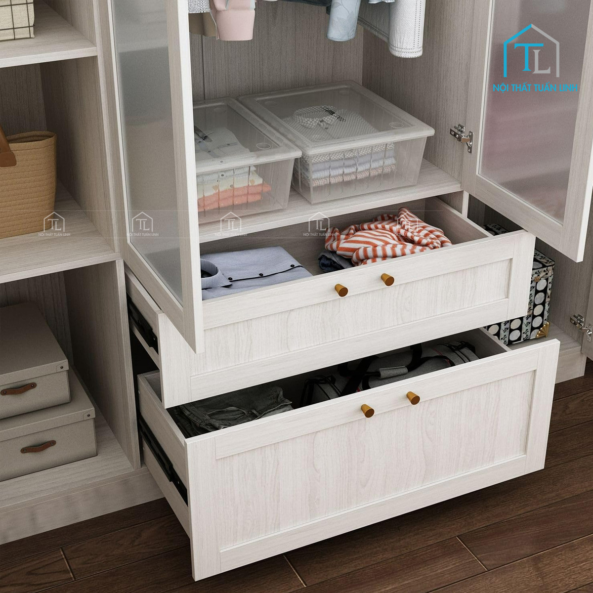 Tủ quần áo cánh kính 4 cánh màu trắng gỗ MDF vân gỗ hiện đại giá tốt