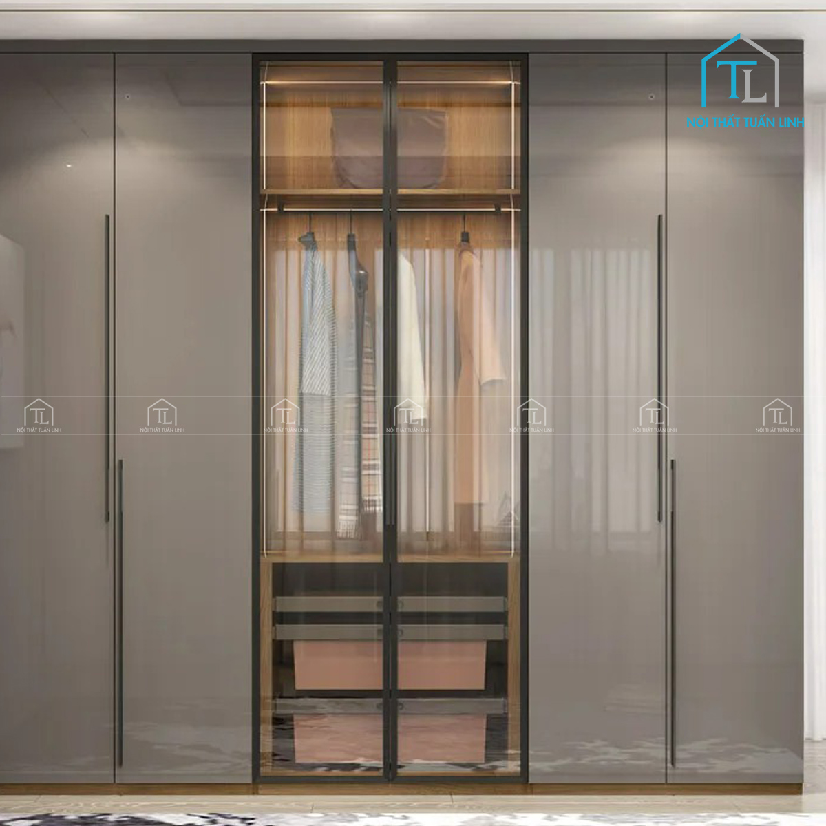 Tủ quần áo cánh kính 6 cánh màu xám hiện đại