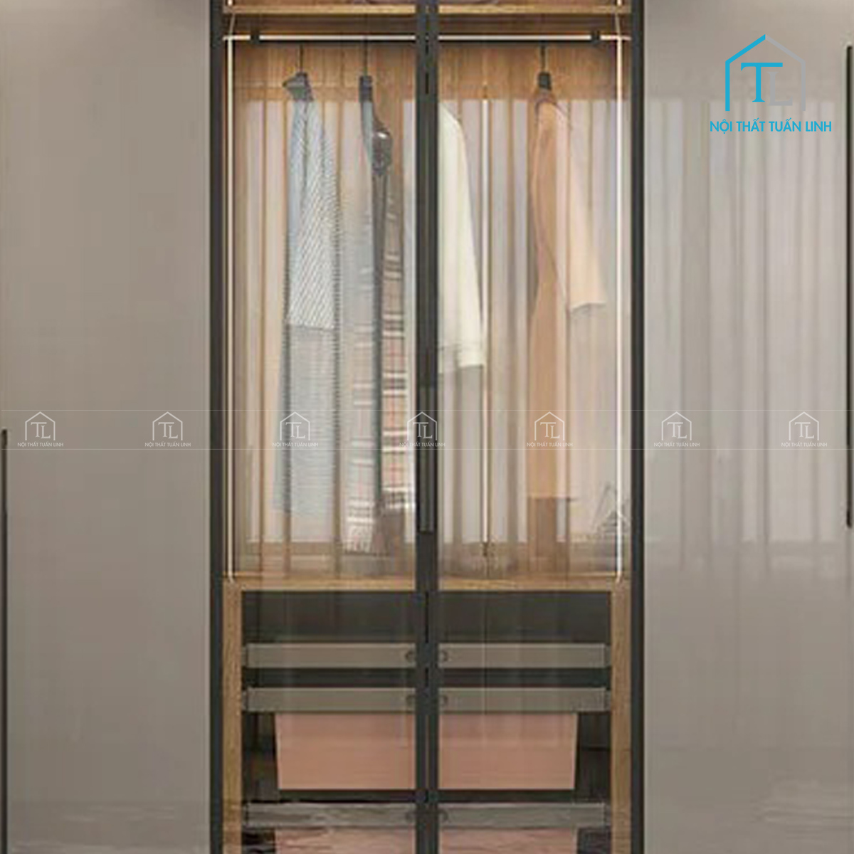 Tủ quần áo cánh kính 6 cánh màu xám hiện đại