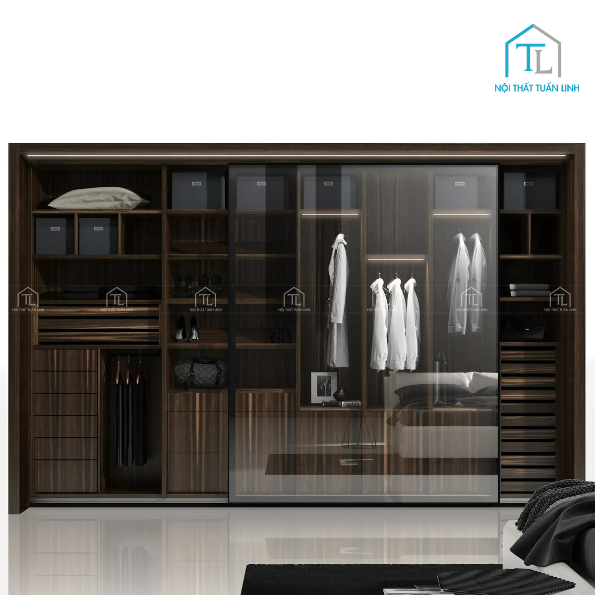 Tủ quần áo cánh kính cửa trượt vân gỗ MDF hiện đại tích hợp đèn LED