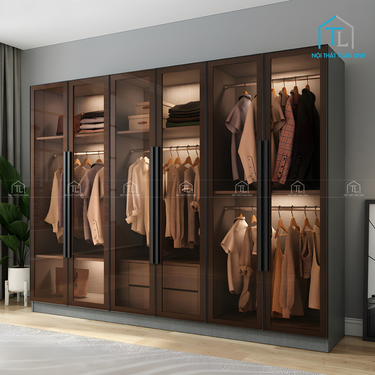 Tủ quần áo cánh kính gỗ MDF phủ melamine màu xám thiết kế hiện đại