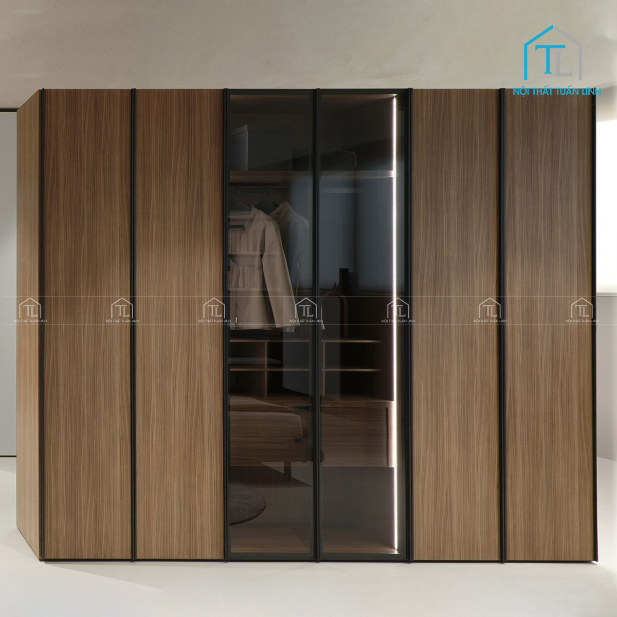 Tủ quần áo cánh kính màu nâu khói gỗ MDF vân gỗ óc chó sang trọng