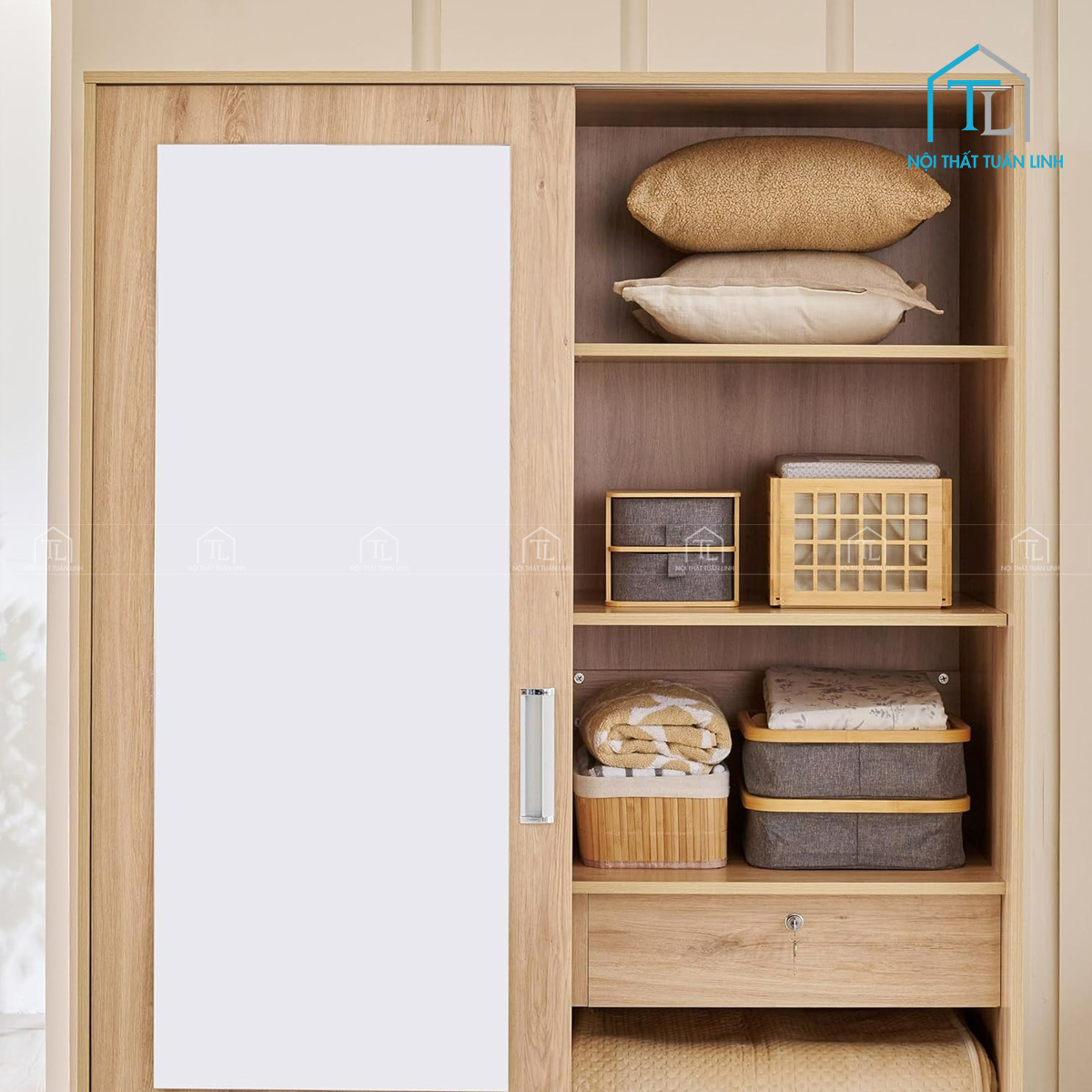 Tủ quần áo cửa lùa 2 cánh gỗ MDF kèm gương hiện đại