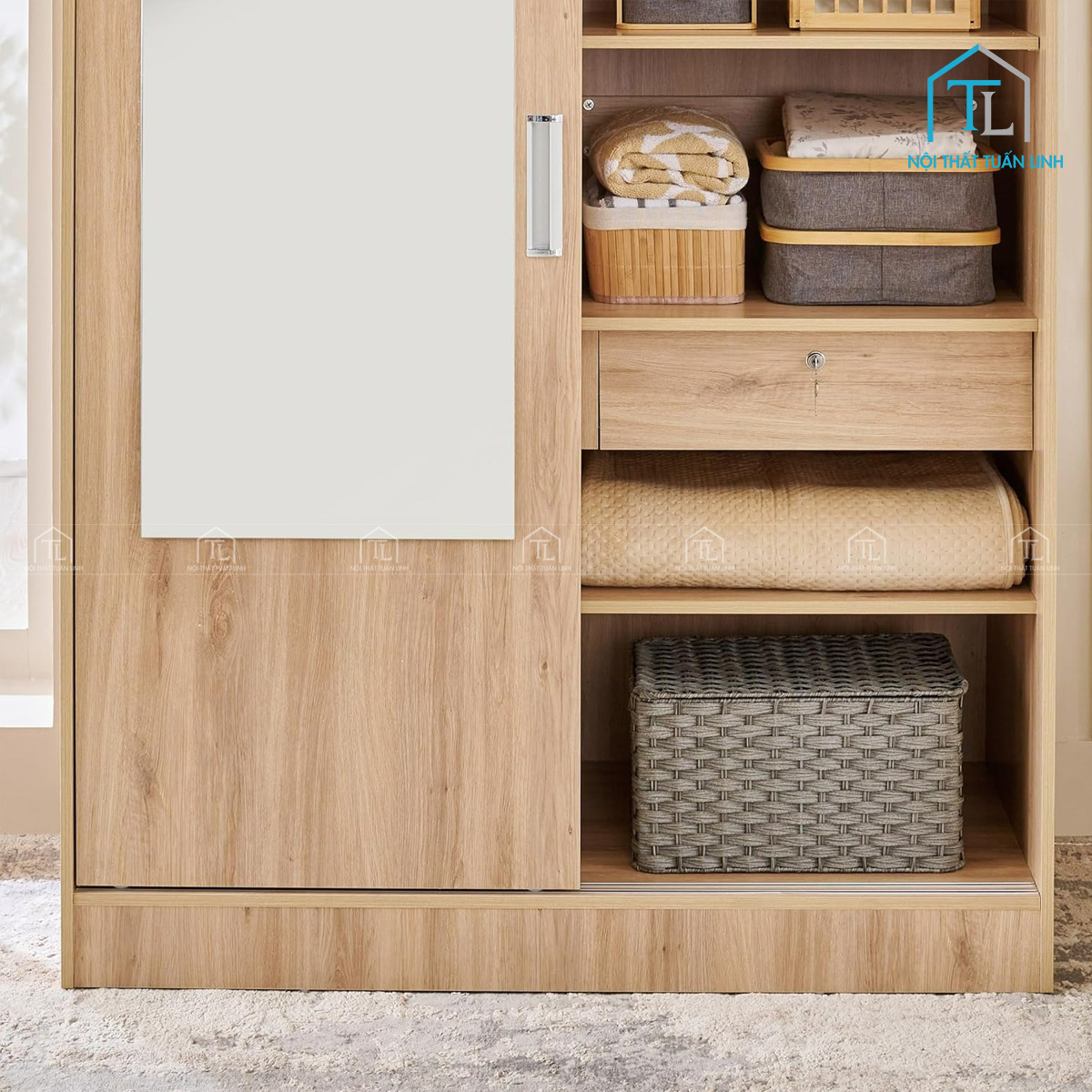 Tủ quần áo cửa lùa 2 cánh gỗ MDF kèm gương hiện đại