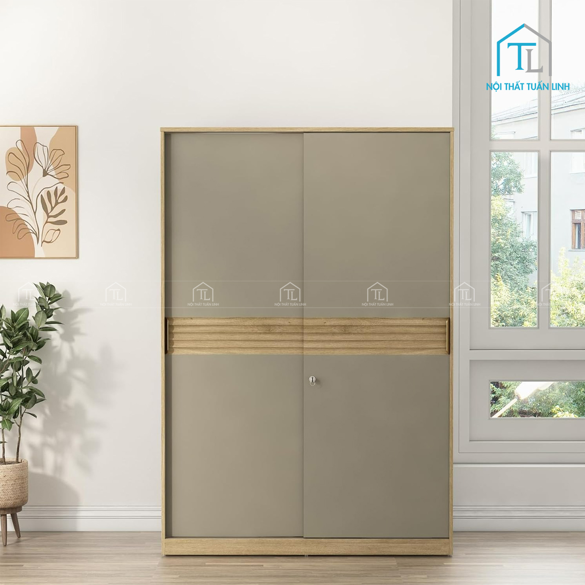 Tủ quần áo cửa lùa 2 cánh gỗ MDF phủ Melamine vân gỗ