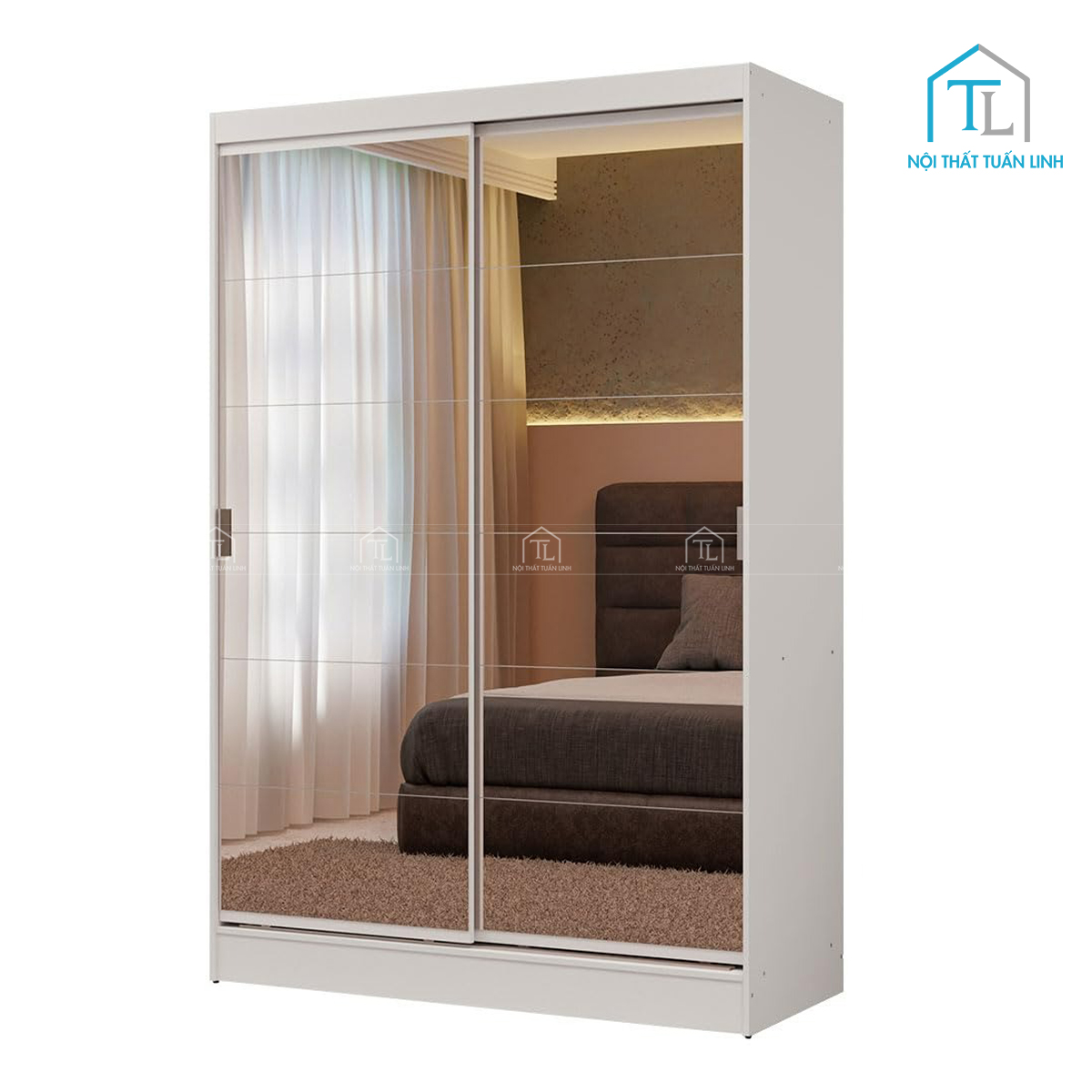 Tủ quần áo cửa lùa 2 cánh gương gỗ công nghiệp màu trắng