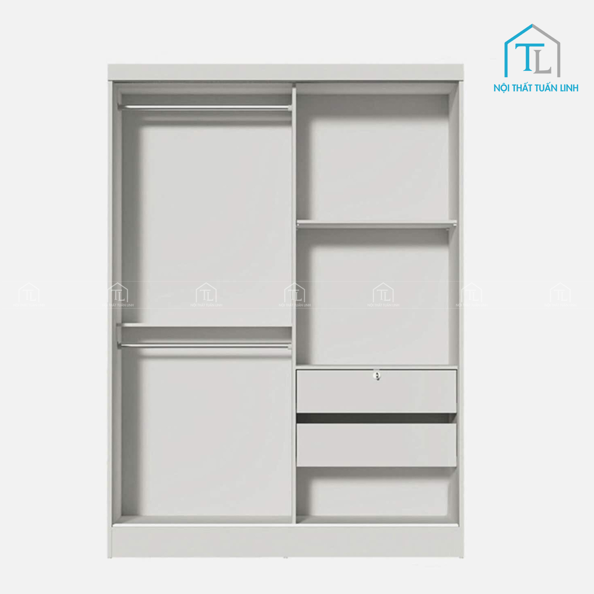 Tủ quần áo cửa lùa 2 cánh MDF trắng kết hợp ngăn kéo tiện lợi