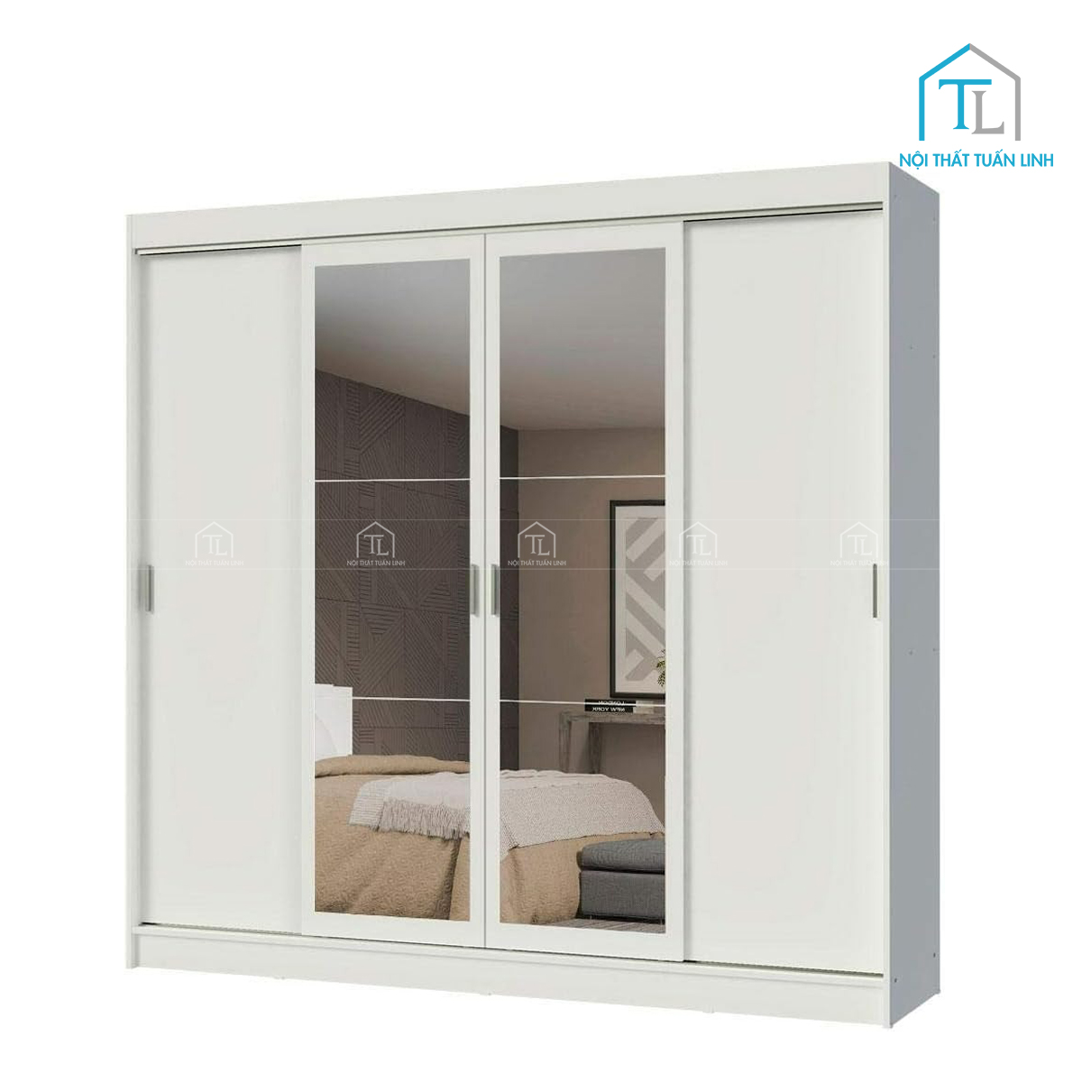 Tủ quần áo cửa lùa 4 cánh có gương kèm ngăn kéo gỗ MDF