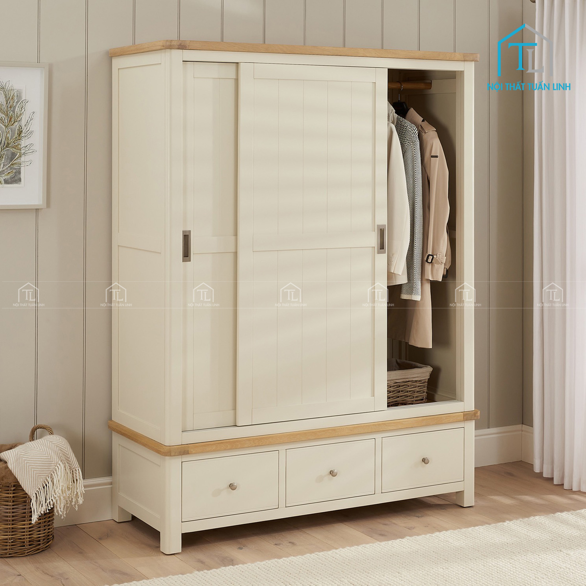 Tủ quần áo cửa lùa gỗ công nghiệp MDF sơn kem 2 cánh trượt kèm 3 ngăn kéo